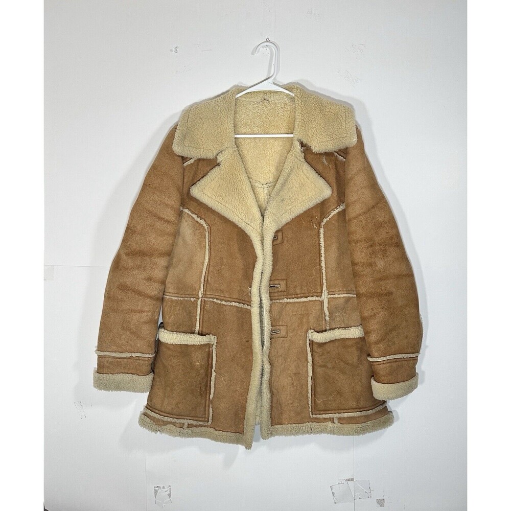 VTG MAKRAY Mens Sheepskin Wool Shearling Coat Sz 42 Tan Ranch Western Suede RARE